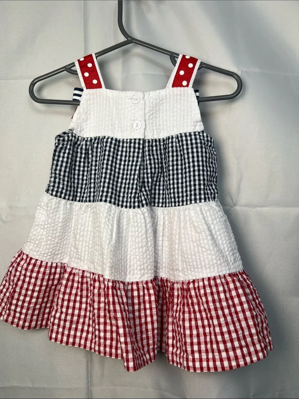 Rare Editions red white blue tiered Searsucker Patriotic dress butterfly accent